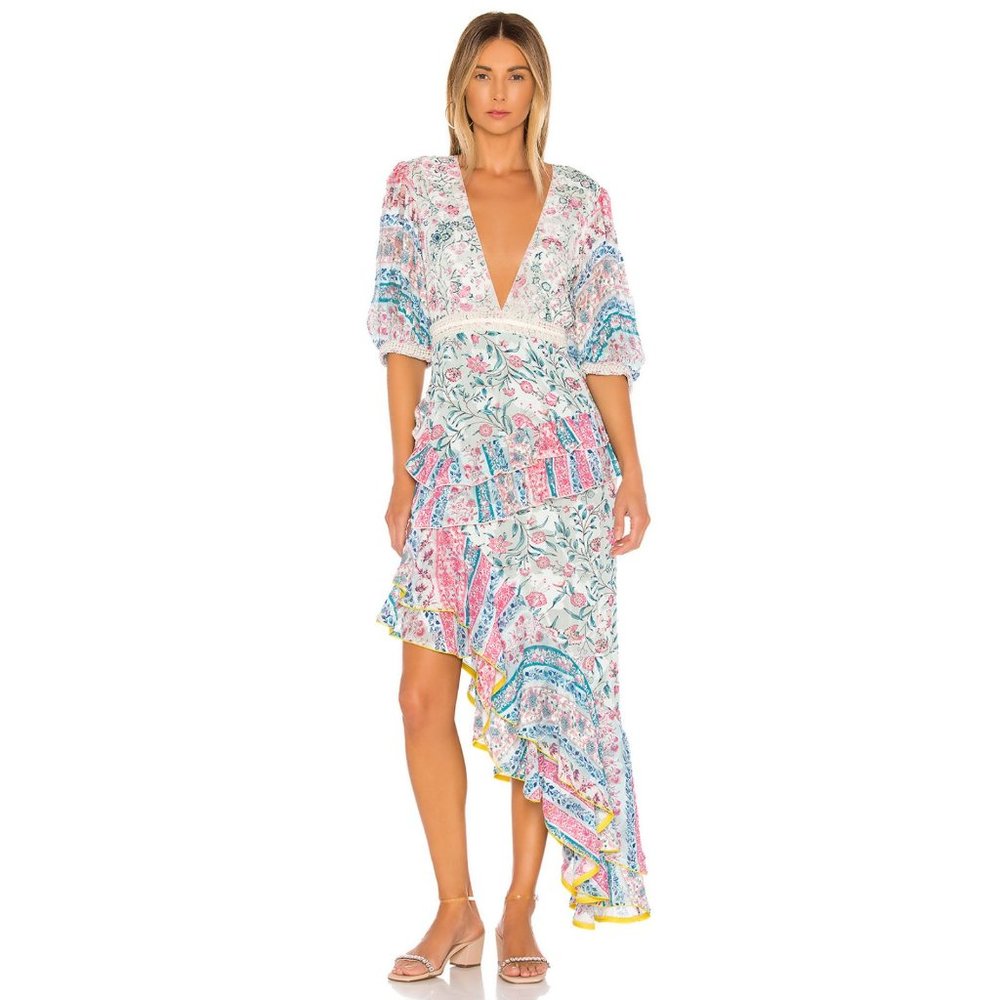 Hemant and Nandita Floral Ruffled Asymmetric Midi Dress in White, Pink, Blue - Picture 4 of 14
